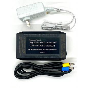 Gospel’s rechargeable battery pack with wall charger and power cables for equine and canine light therapy pads